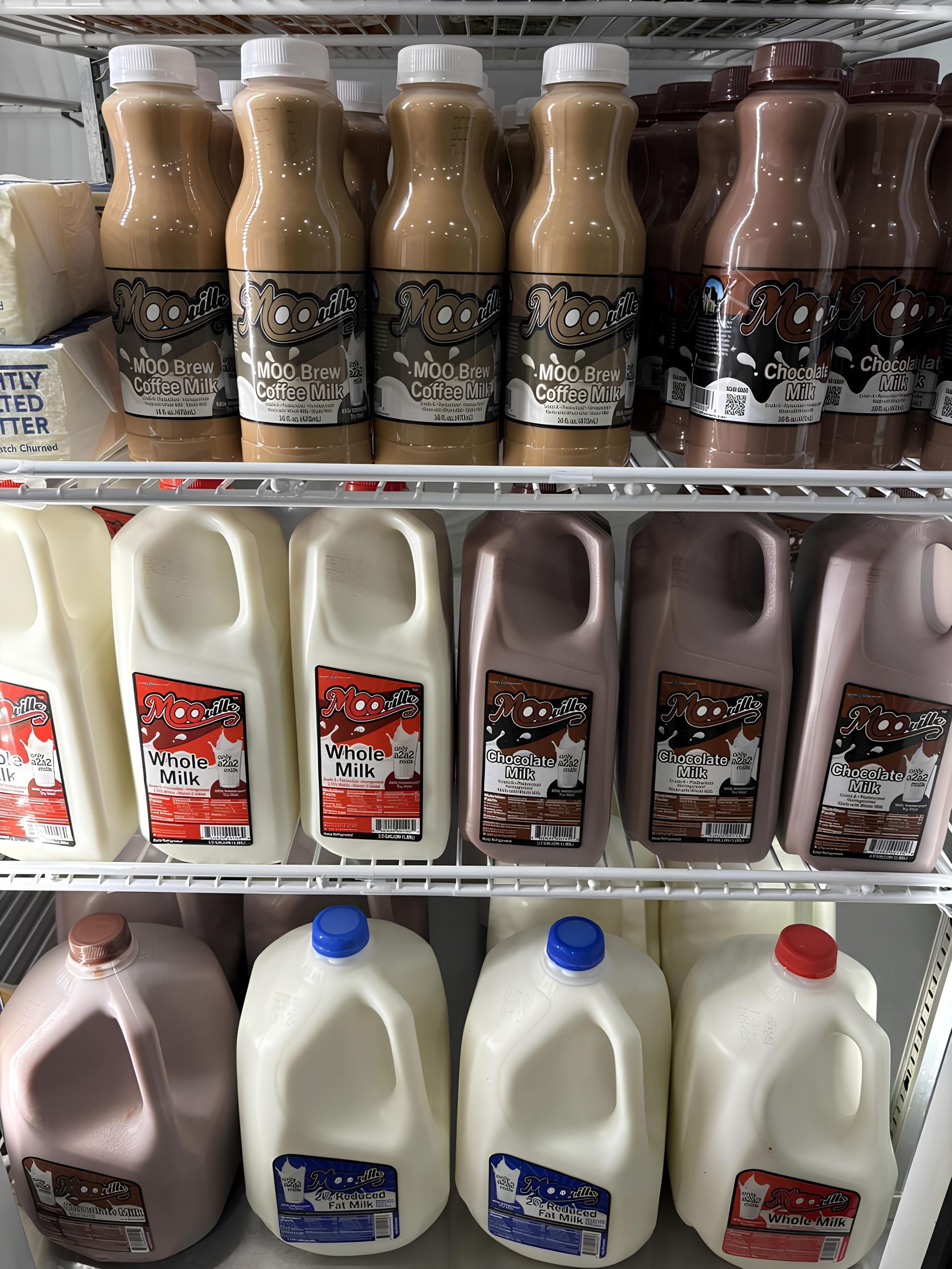 Bottles and jugs of chocolate and white milk in a refrigerator.