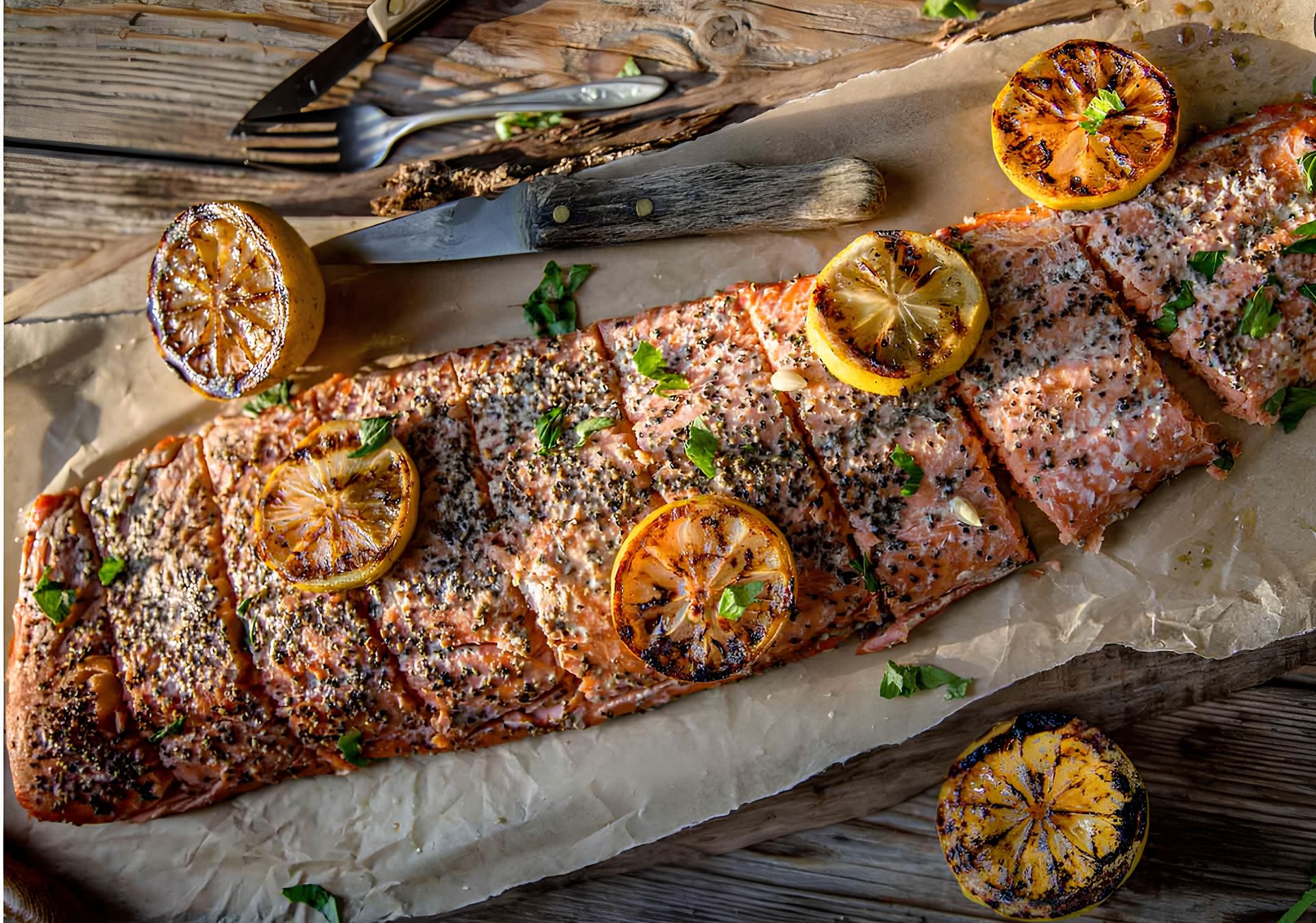Baked salmon fillet with grilled lemon slices on parchment paper.