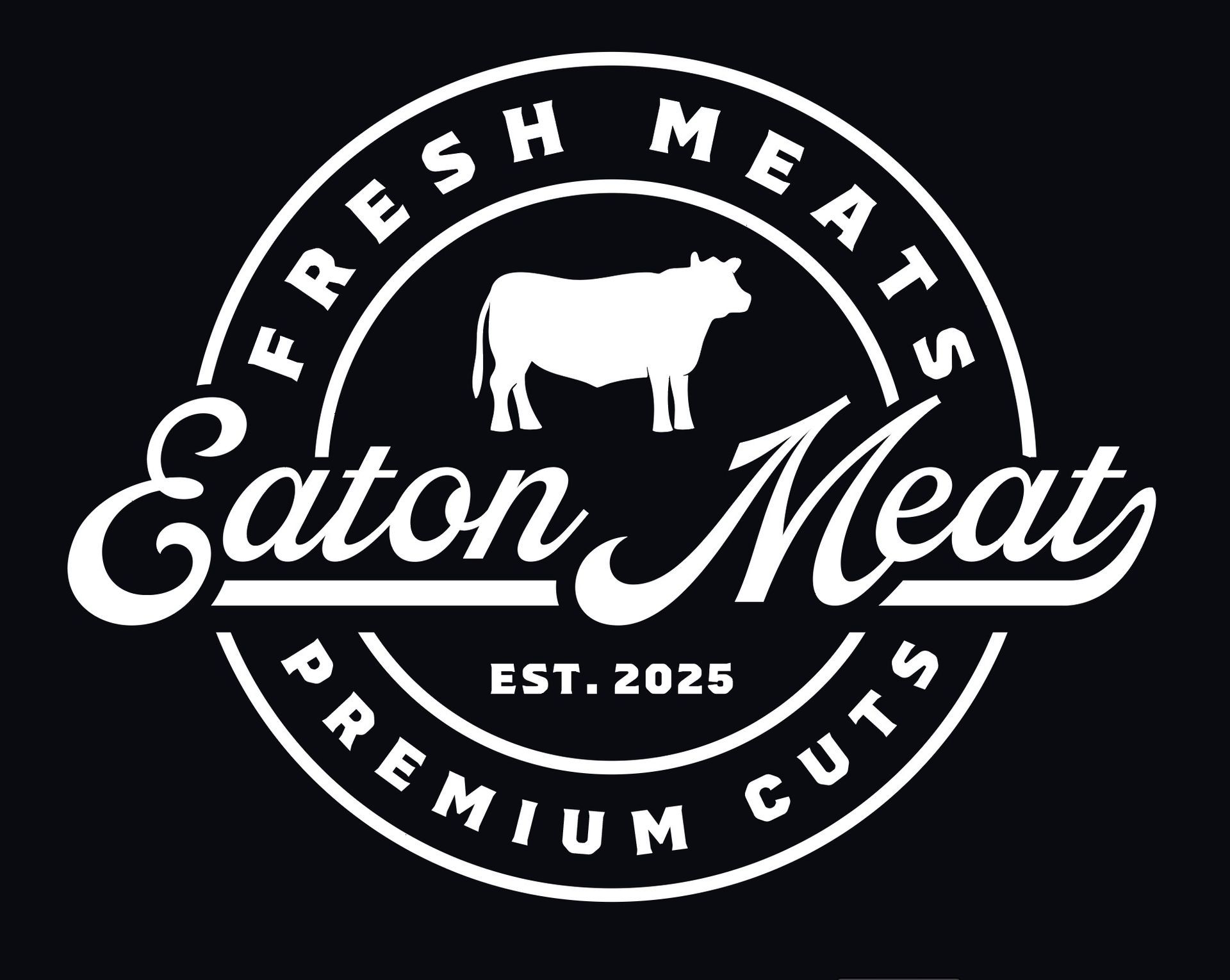Logo for Eaton Meat. White text and a cow silhouette on a black background. "Fresh Meats" and "Premium Cuts" arc around a circle.
