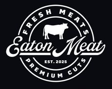 Logo for Eaton Meat. White text and a cow silhouette on a black background. "Fresh Meats" and "Premium Cuts" arc around a circle.