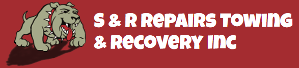 Red logo banner for S & R Repairs Towing & Recovery Inc with a bulldog mascot and white text