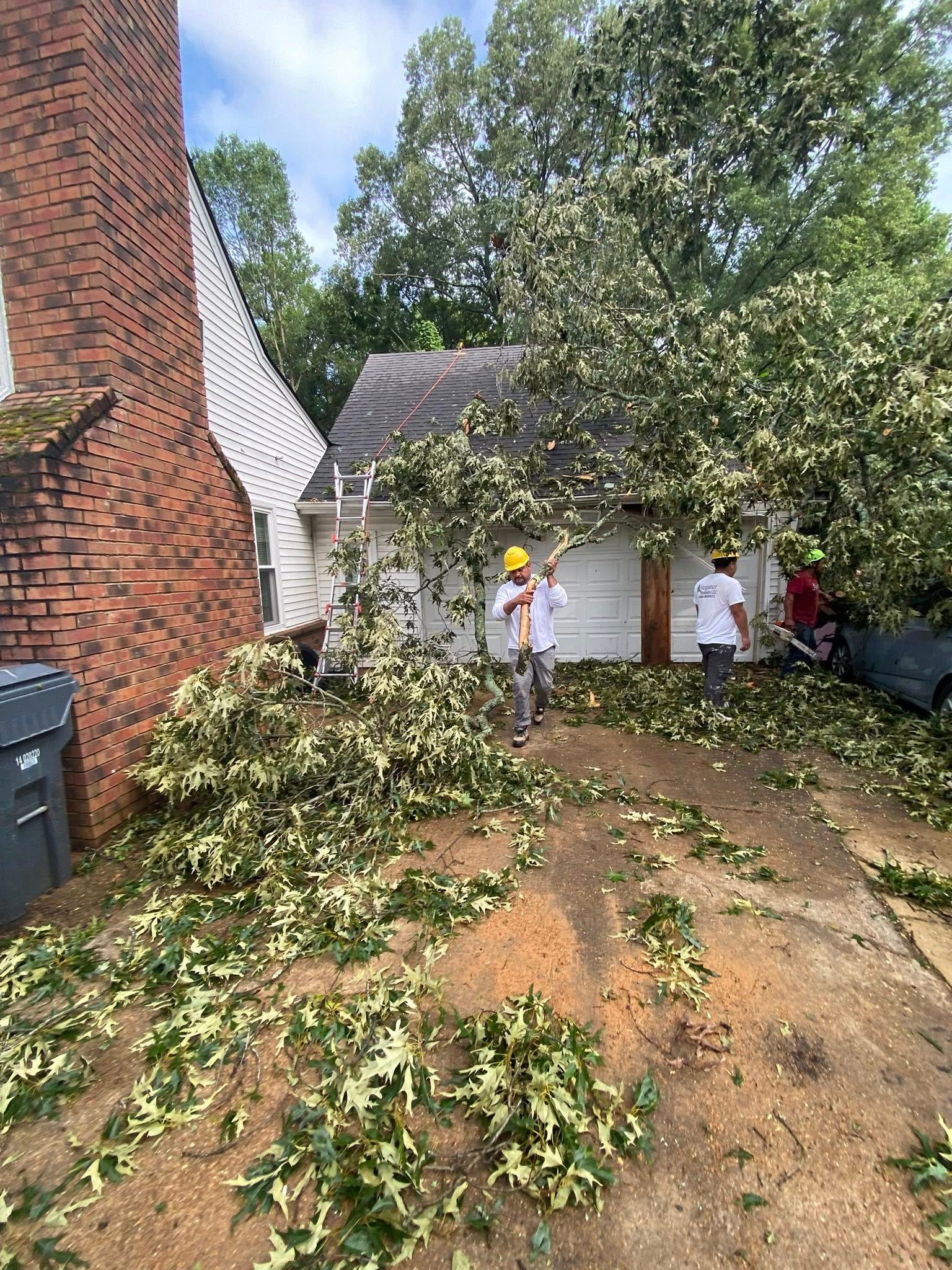 Two workers clear debris from a tree that has fallen onto the roof of a suburban garage near a brick chimney.