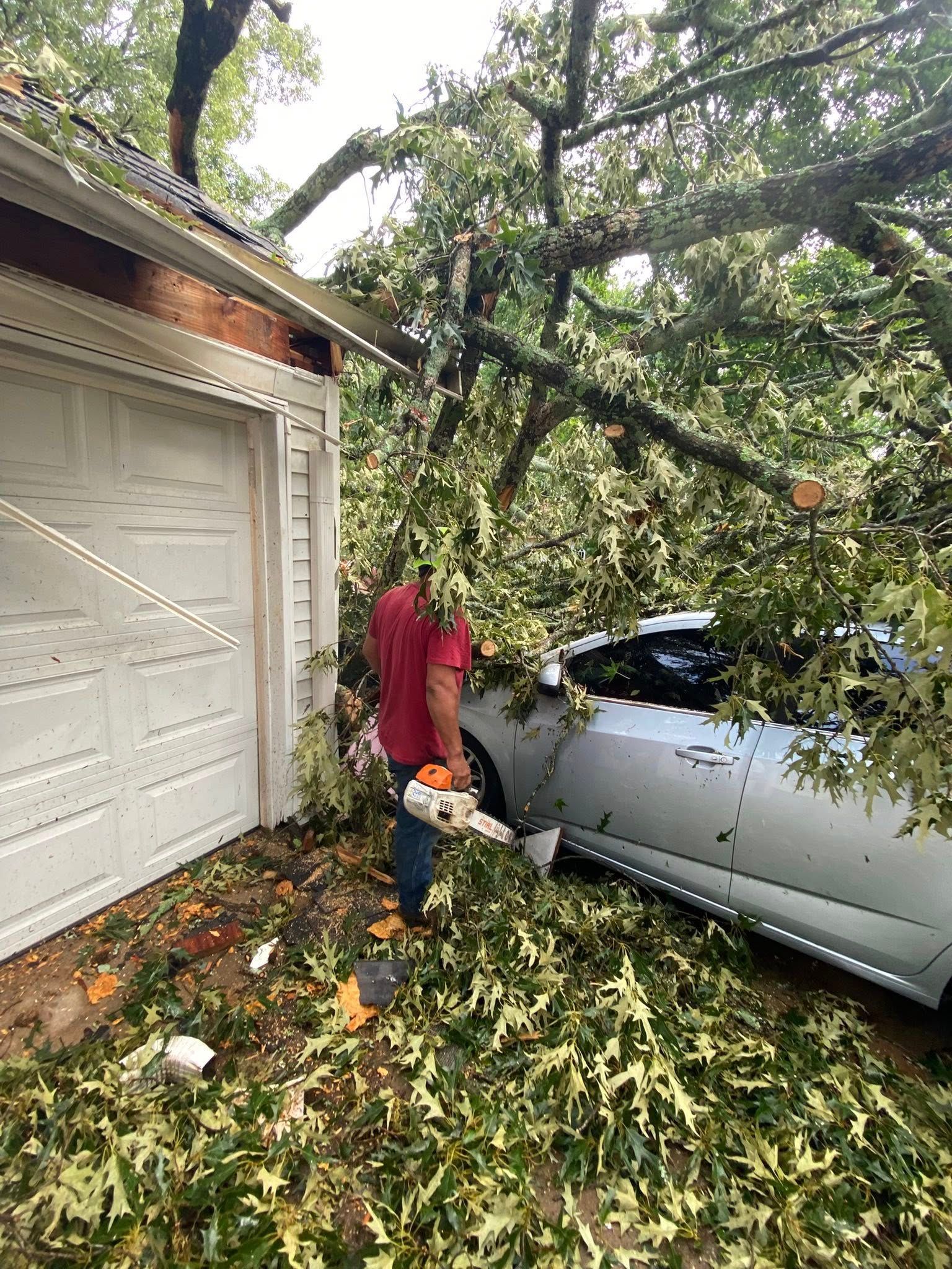 A person in a red shirt holds a chainsaw next to a silver car crushed by a large fallen tree outside a garage.