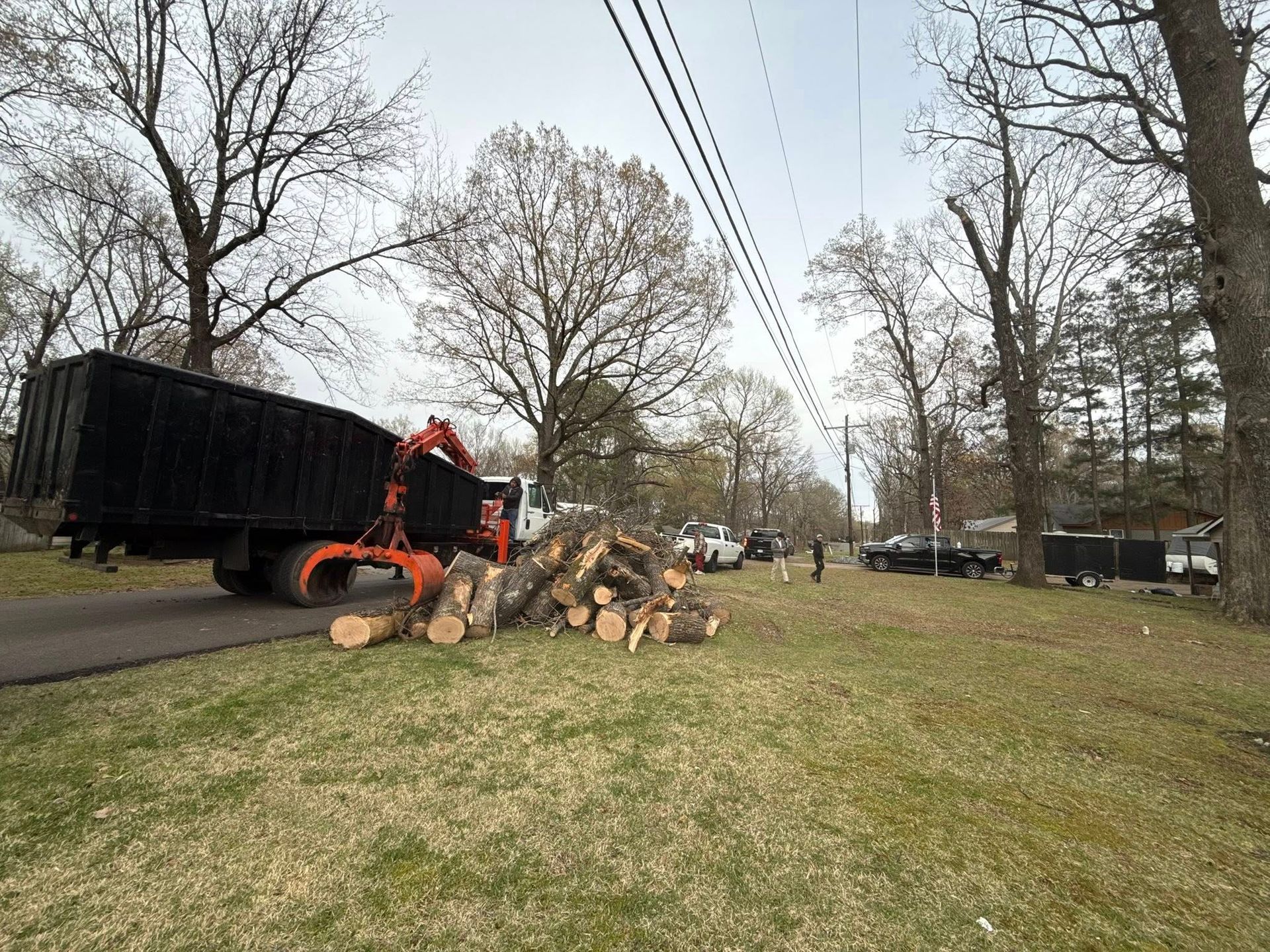 A truck with a mechanical claw is loading logs from a large pile into its container on a grassy roadside.