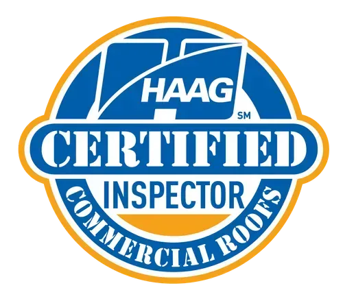 Blue and gold Haag Certified Inspector logo for commercial roofs featuring stylized text inside a circular emblem.