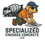 Dog in work clothes with sunglasses smoothing concrete; truck in the background. Company logo: "Specialized Finished Concrete LLC"