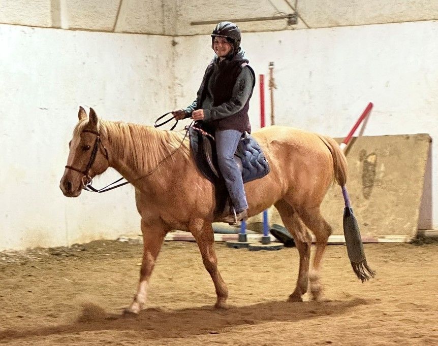 A woman is riding a horse in a barn