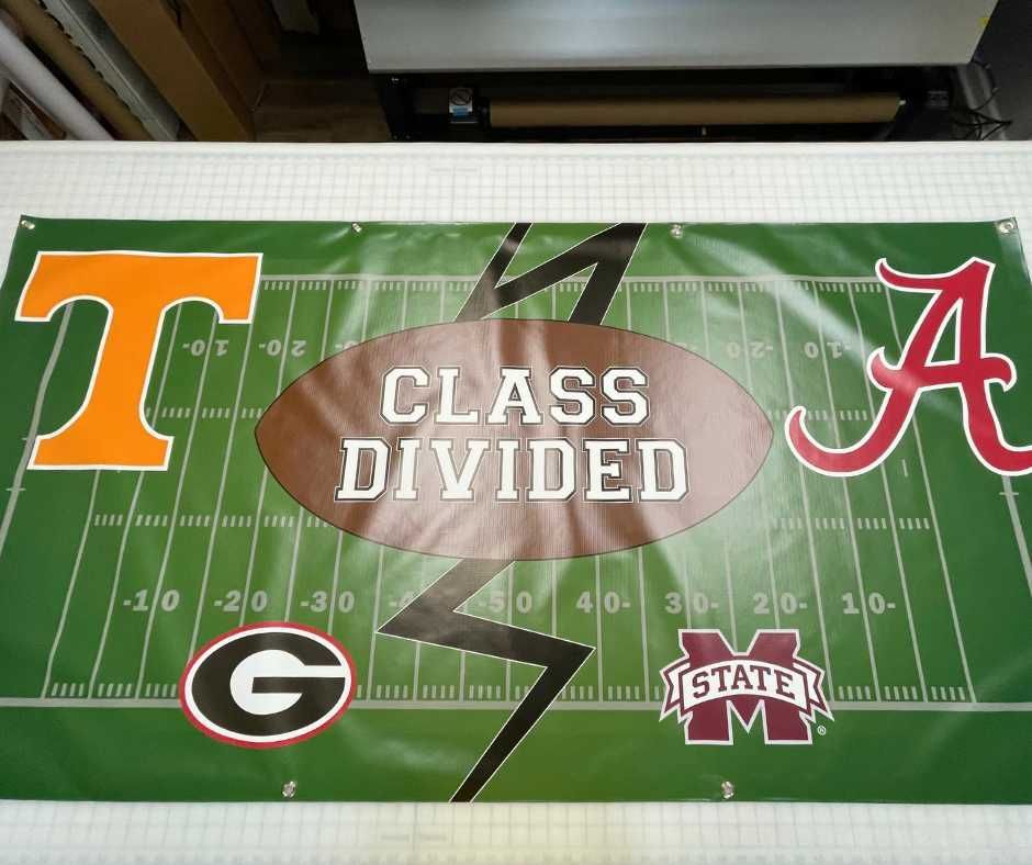 A football-themed banner titled Class Divided featuring logos for Tennessee, Alabama, Georgia, and Mississippi State