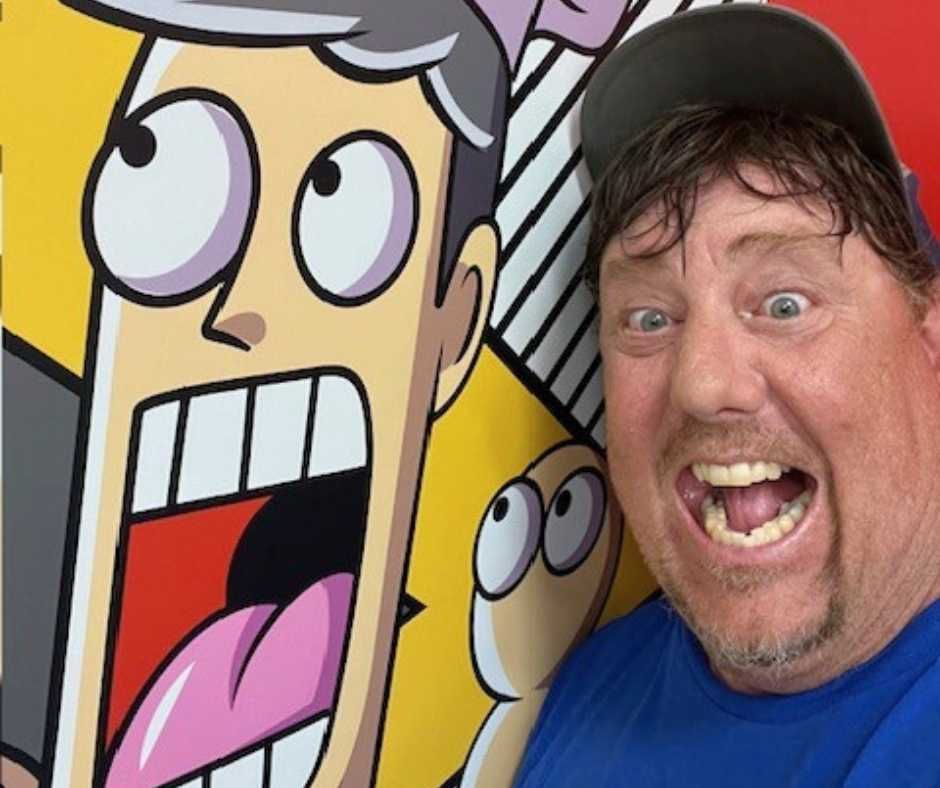 A person wearing a grey cap and blue shirt smiling next to a cartoon graphic of an excited face with a wide-open mouth