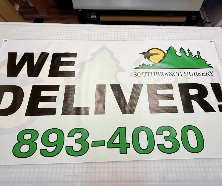 A white banner for Southbranch Nursery with the bold text WE DELIVER! and the phone number