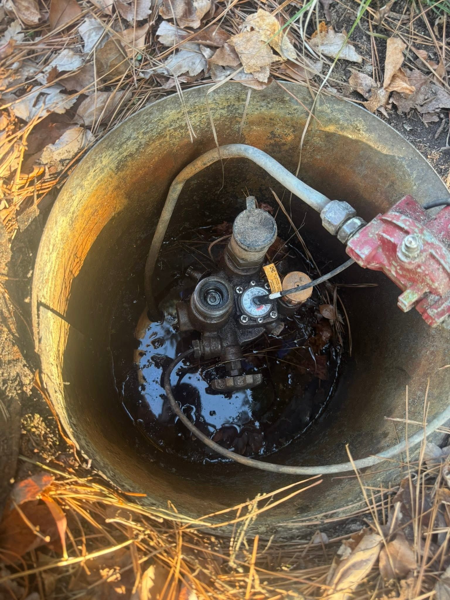 Open well with pump and pipes in muddy water, surrounded by leaves and debris
