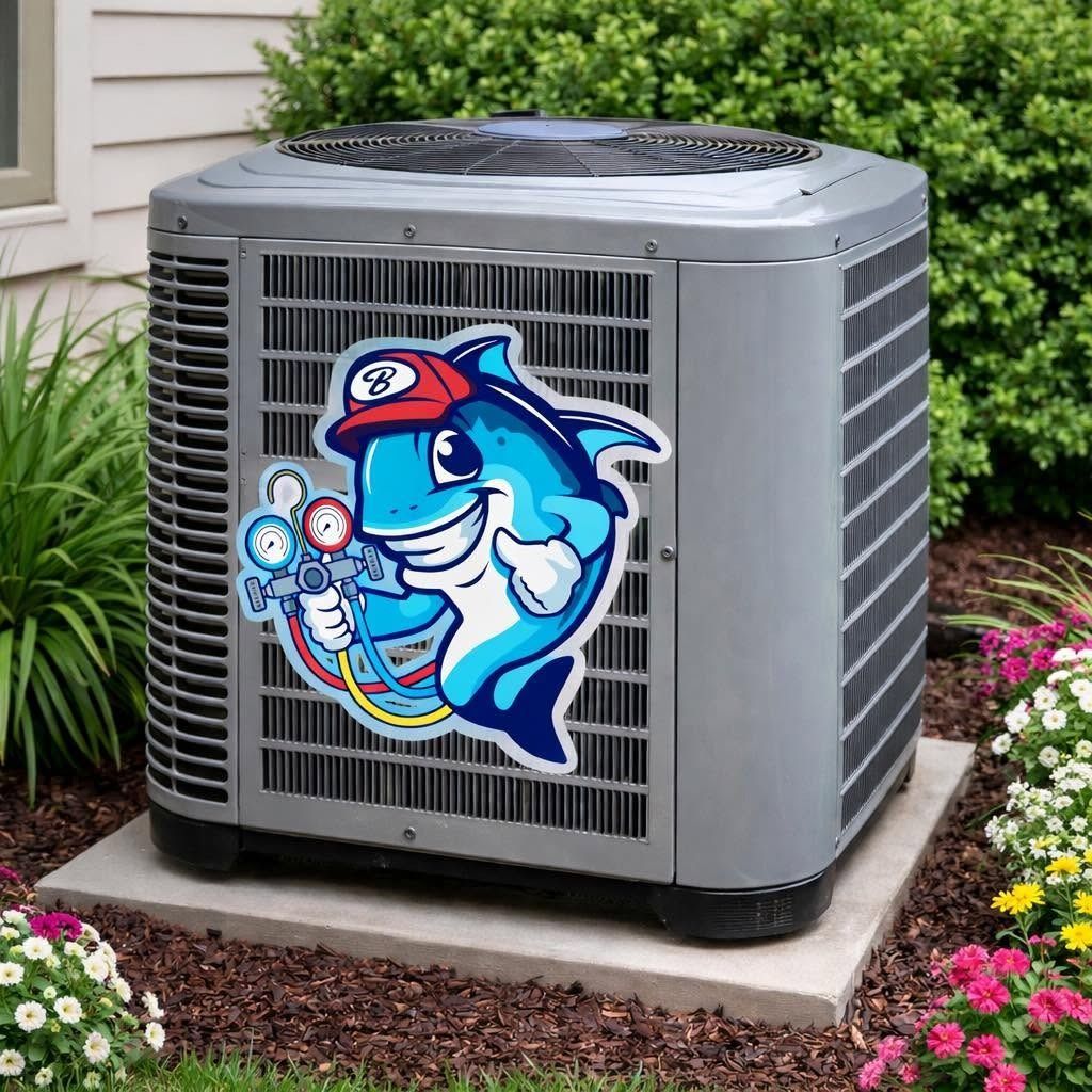 Gray outdoor AC unit with a blue cartoon shark sticker in a landscaped yard