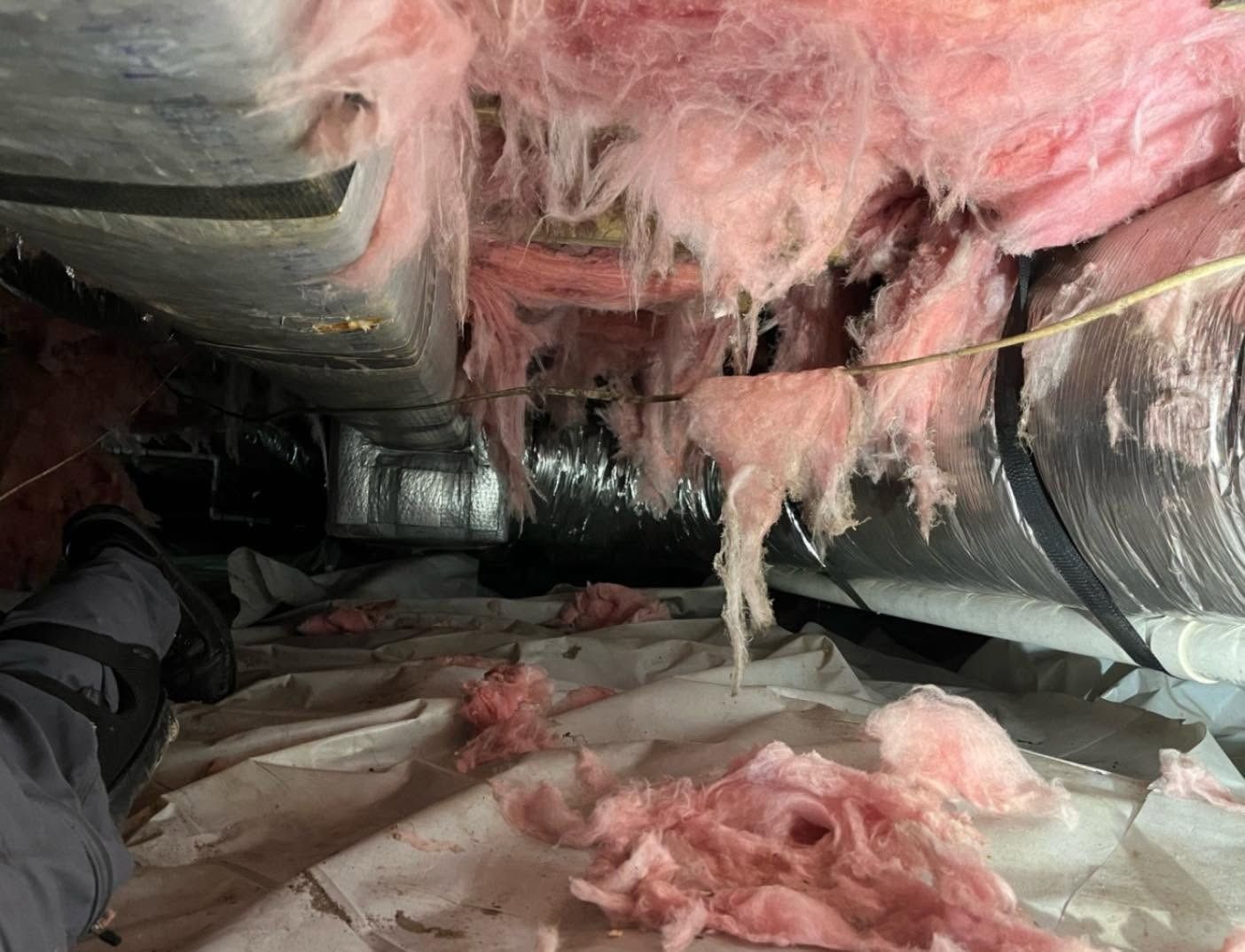 Damaged duct interior lined with pink fiberglass insulation and torn plastic sheeting