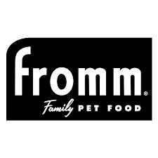 The logo for fromm family pet food is black and white.