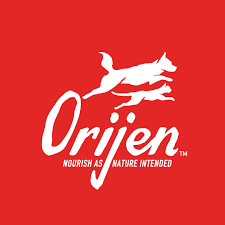 The orijen logo is on a red background and says nourish as nature intended.