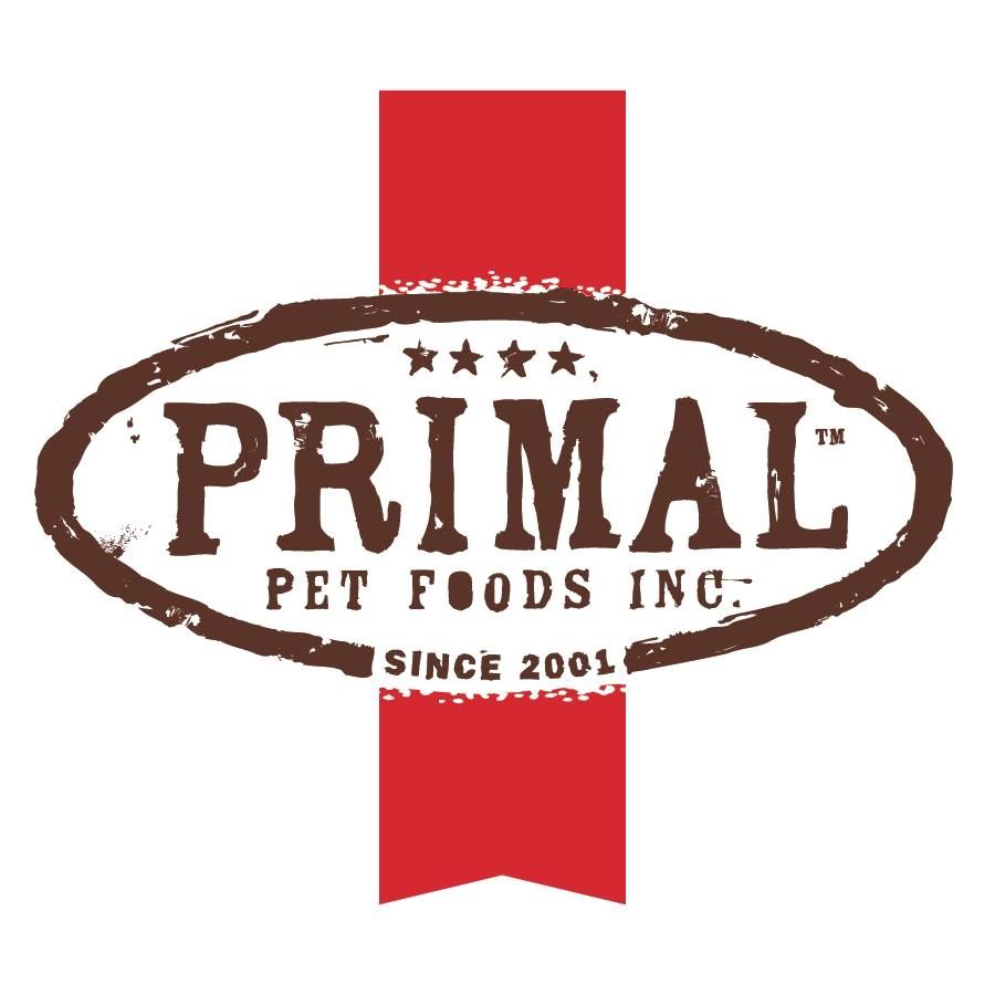 The logo for primal pet foods inc. has a red ribbon around it.