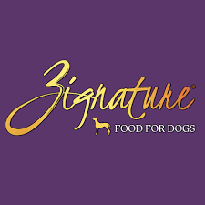 The logo for signature food for dogs is on a purple background.
