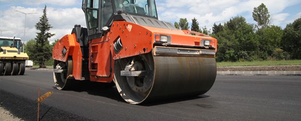 Road roller at construction site