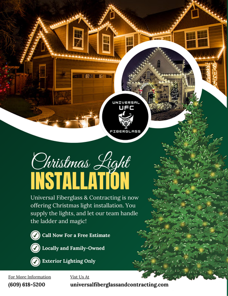 Christmas light installation service ad with house, lights, and evergreen tree.