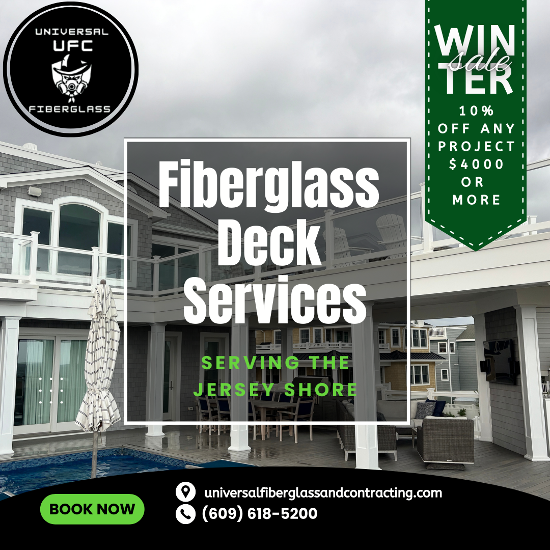 Advertisement for fiberglass deck services at the Jersey Shore; includes winter sale promotion, contact info, and deck photo.