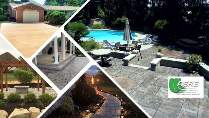 A collage of pictures of a backyard with a swimming pool.