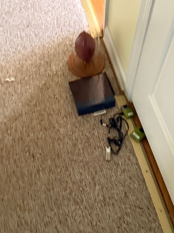 Brown carpet, a football on a wooden stand, a blue box, and a cord on the floor by a white door.