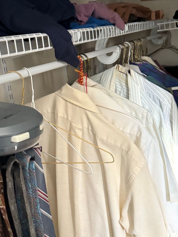 Clothes hanging in a closet: Shirts on hangers, ties below, and shelves above with folded clothing.