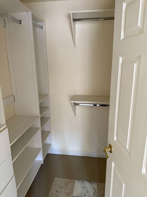 Empty closet with white shelving, rod, and door. Beige walls, carpet, and neutral lighting.
