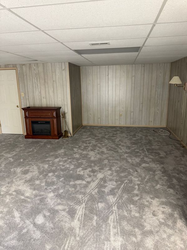 Empty basement with gray carpet, paneled walls, a fireplace, and a door.