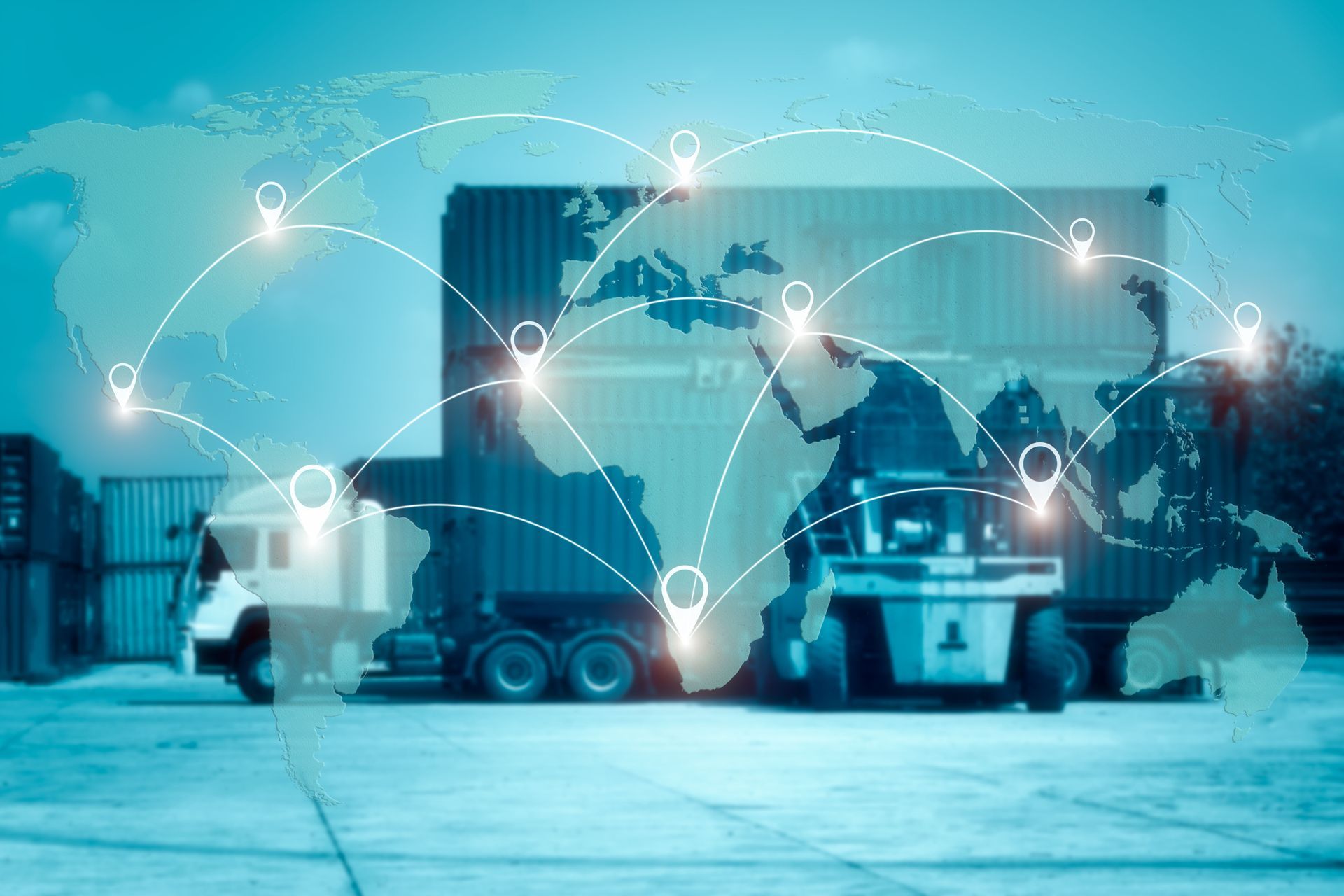 Logistics scene with truck, forklift, shipping containers, and a world map with connected dots.