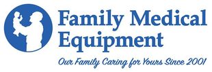 Logo of Family Medical Equipment: blue circle with person holding baby, text "Family Medical Equipment", and tagline.
