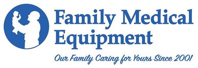Logo of Family Medical Equipment: blue circle with person holding baby, text "Family Medical Equipment", and tagline.