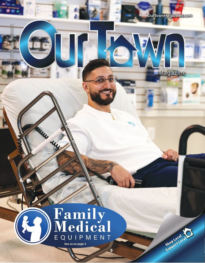 Man smiling in a white shirt seated in a mobility chair at Family Medical Equipment store with “Our Town” text.