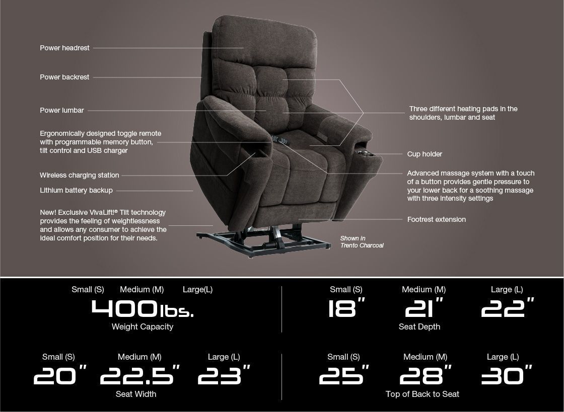 Black reclining lift chair with labeled dimensions and 400 lb weight capacity on a dark background
