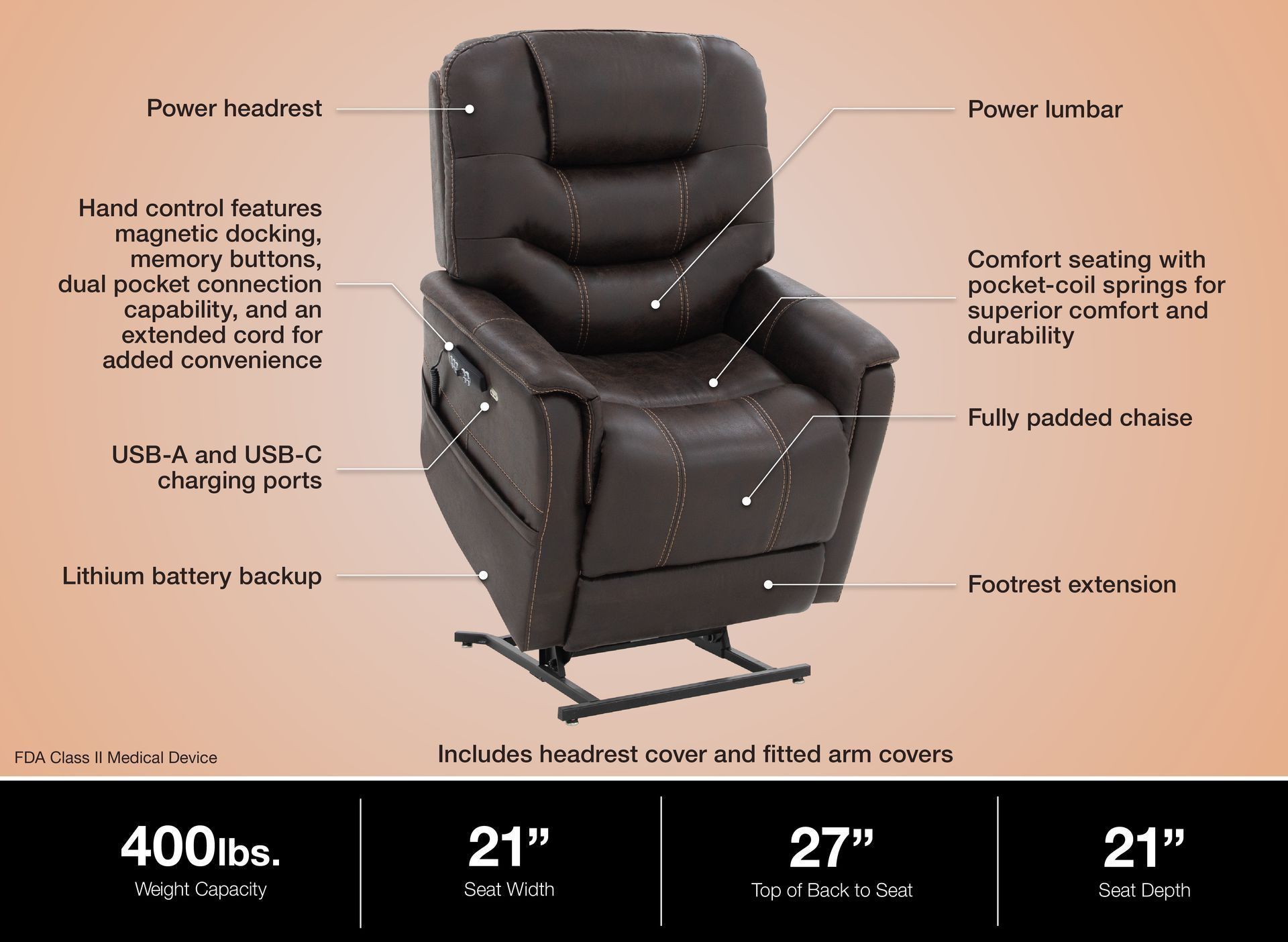 Black power lift recliner chair with labeled features and dimensions on a beige background