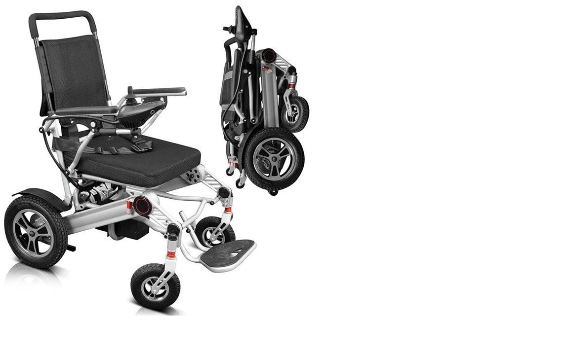 Foldable black electric wheelchair with white frame, shown in side view and folded for transport.