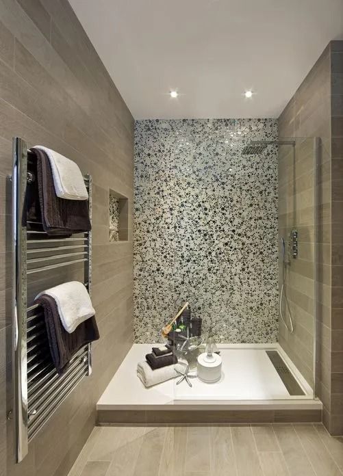A modern bathroom featuring a walk-in shower with a mosaic-tiled back wall and a chrome towel warmer on a tiled side wall.