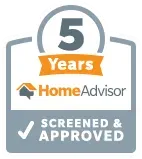 HomeAdvisor 5 Years Screened & Approved badge with a white checkmark on a gray and orange background.