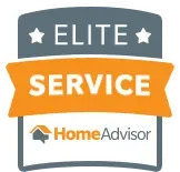 A grey and orange HomeAdvisor Elite Service badge.