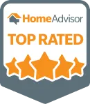 HomeAdvisor Top Rated badge featuring five orange stars on a grey shield background.