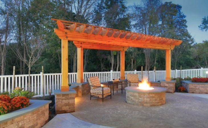 There is a fire pit in the middle of the patio under a pergola.