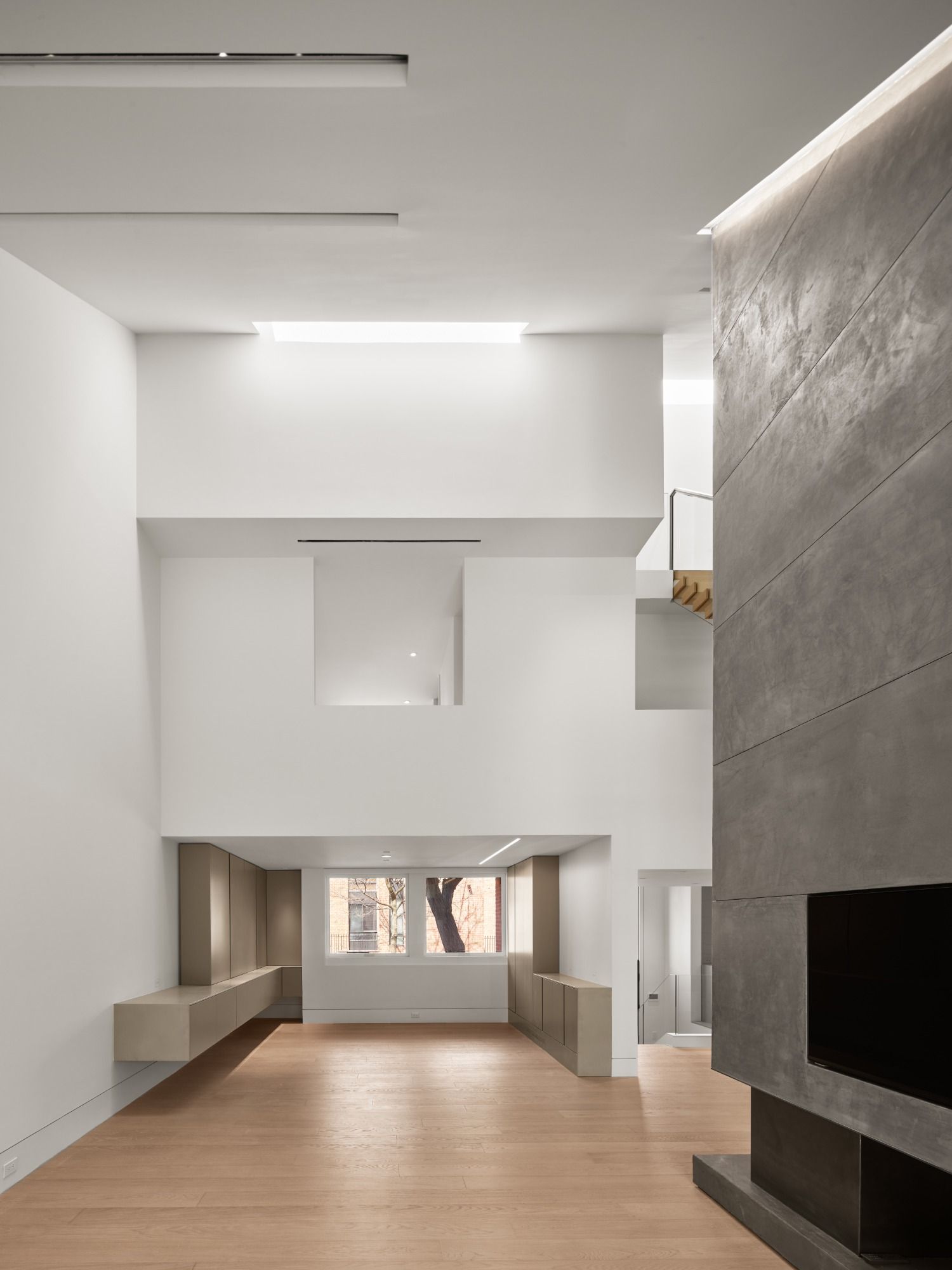 There is a fireplace in the middle of the room.