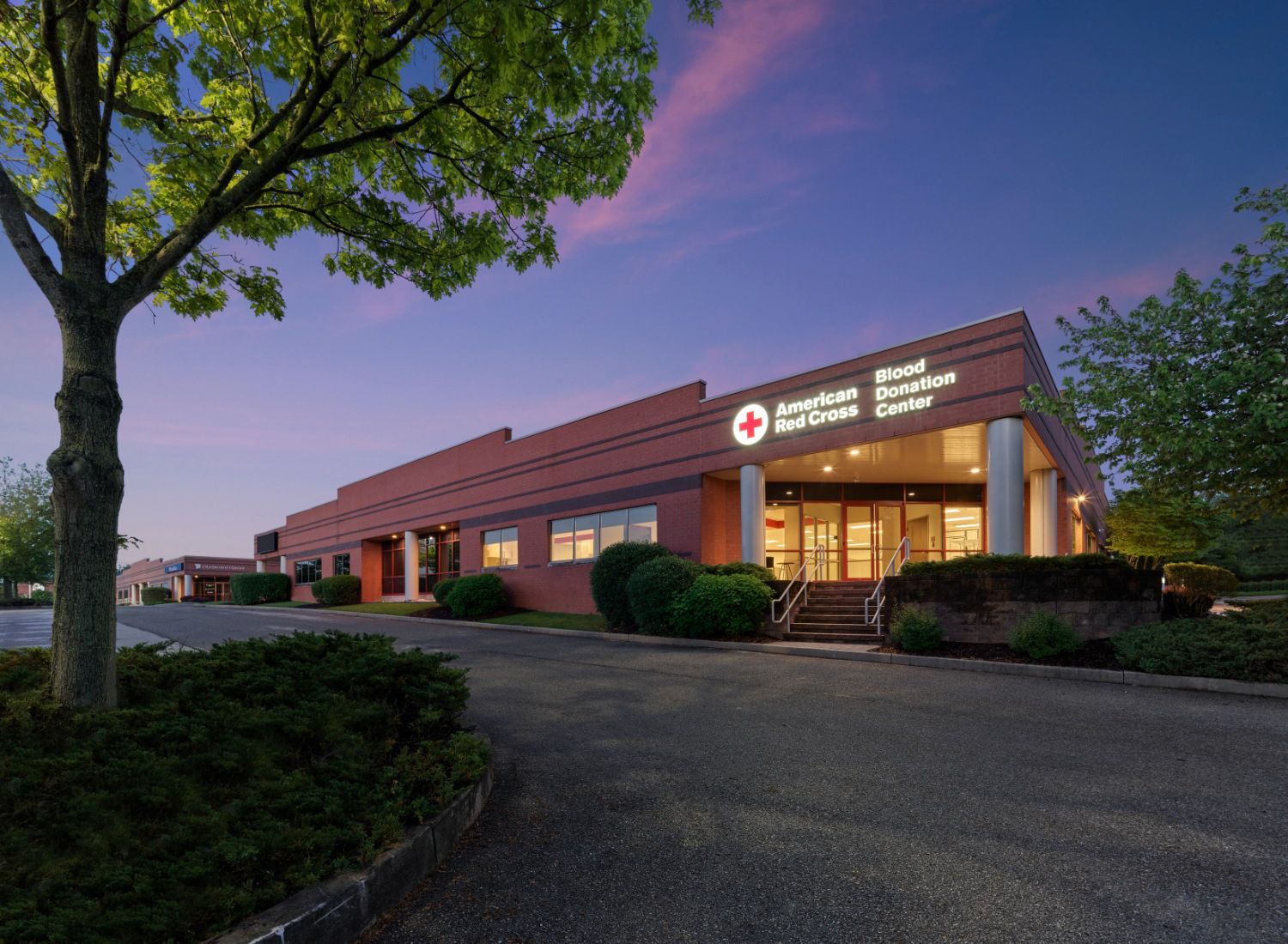 A large brick building with a tree in front of it