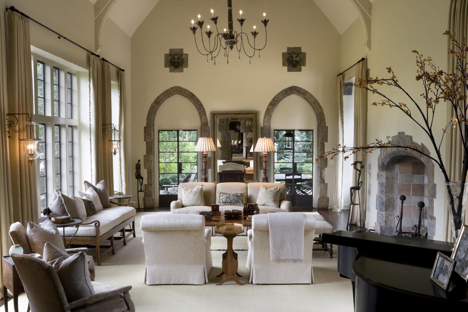 A living room filled with furniture and a fireplace