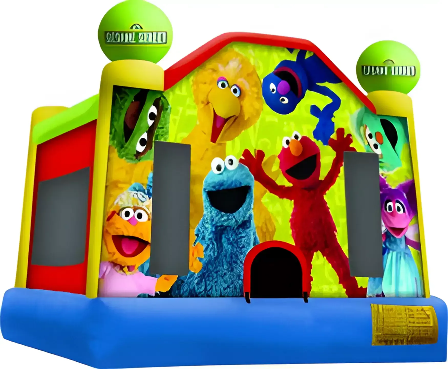A bouncy house with sesame street characters on it