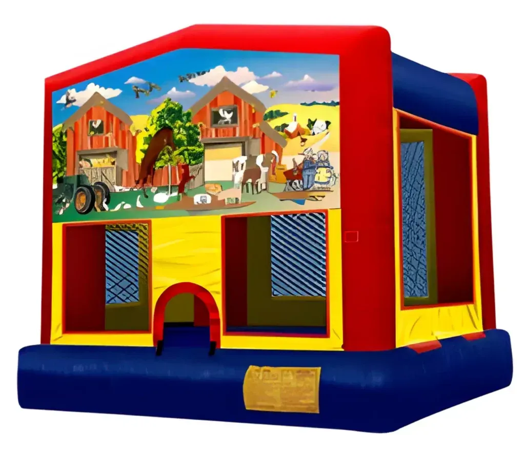 A bouncy house with a picture of a farm on it
