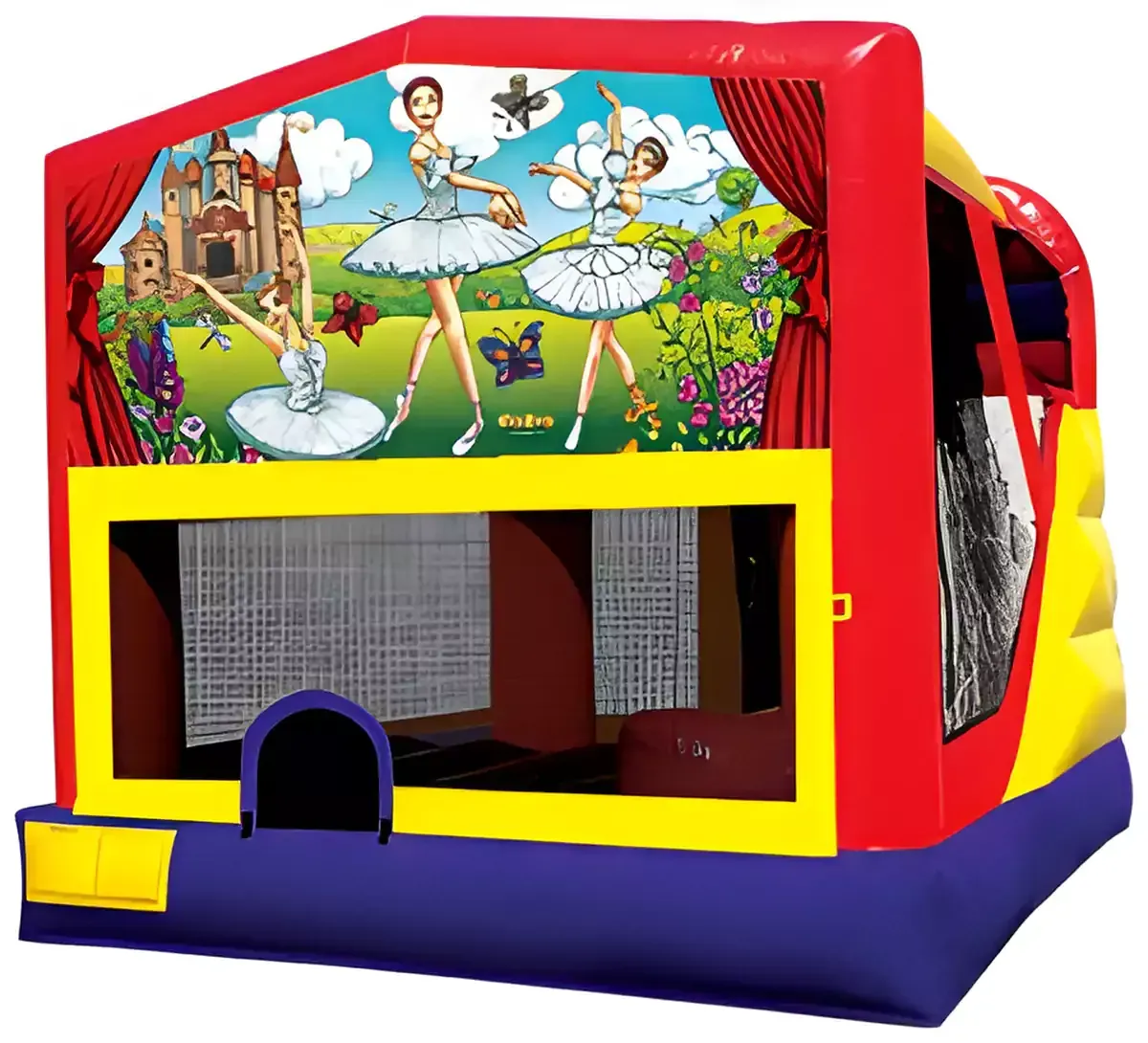 A bouncy house with a picture of ballerinas on it.