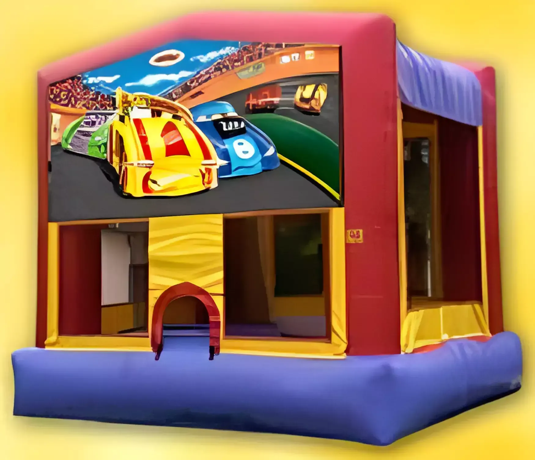 A bouncy house with a picture of cars on it