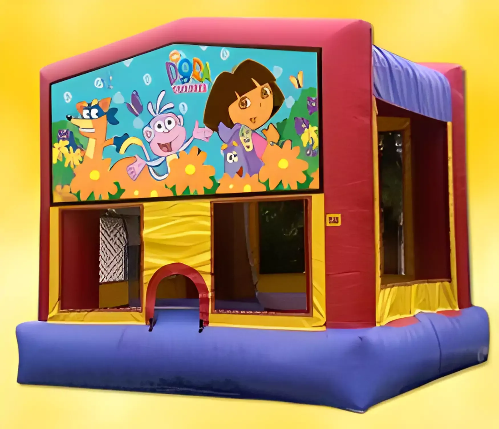 A bouncy house with a picture of dora the explorer on it