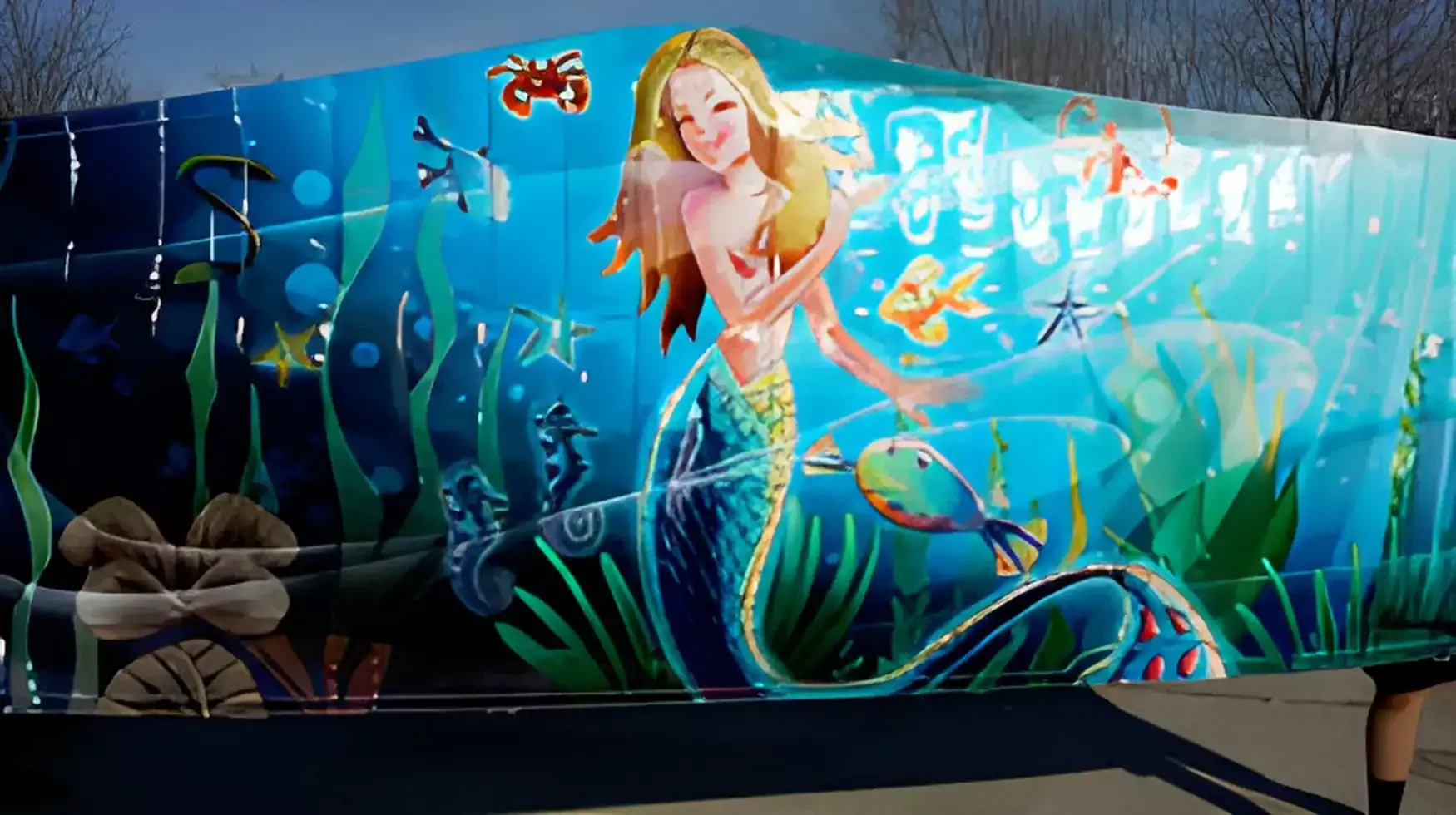 A painting of a mermaid on the side of a building